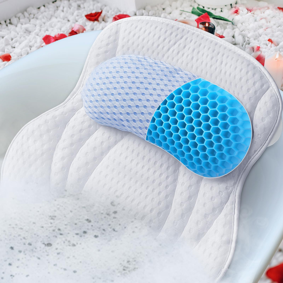 Lidvn Luxury Bath Pillow - Soft 4D Mesh, Non-Slip Suction Cups, Head & Neck Support, White