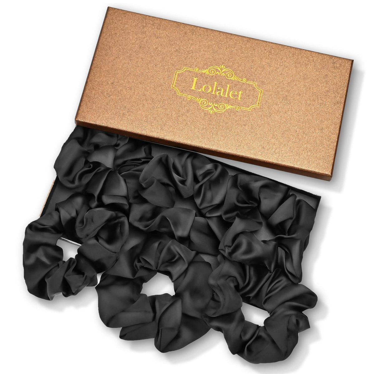 Lolalet Satin Hair Scrunchies - 6 Pack, Soft Silk Hair Ties For Thick & Curly Hair - All Black