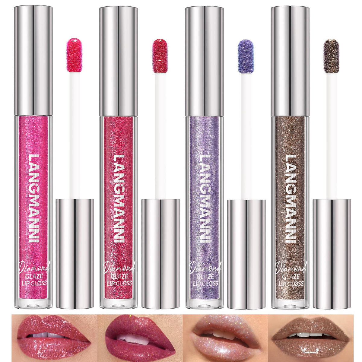 Langmanni Diamond Glitter Lip Gloss Set - 4 Colors, Long Lasting Moisturizing Lipstick Kit