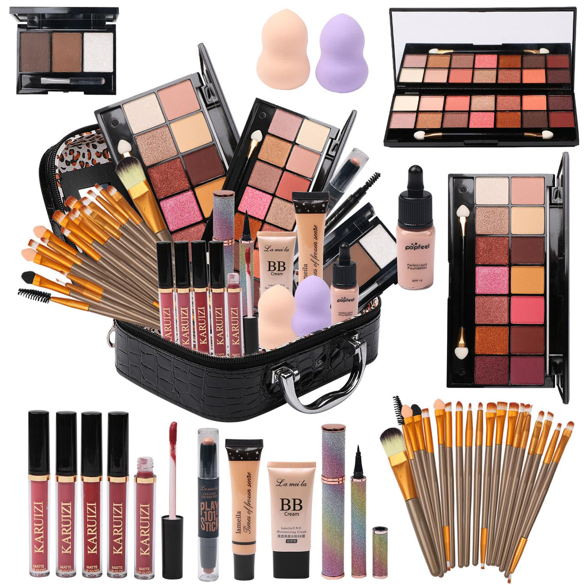 Mtdxiltai All-In-One Makeup Kit - 14 Colors Eyeshadow, Brushes, Foundation & More - Black