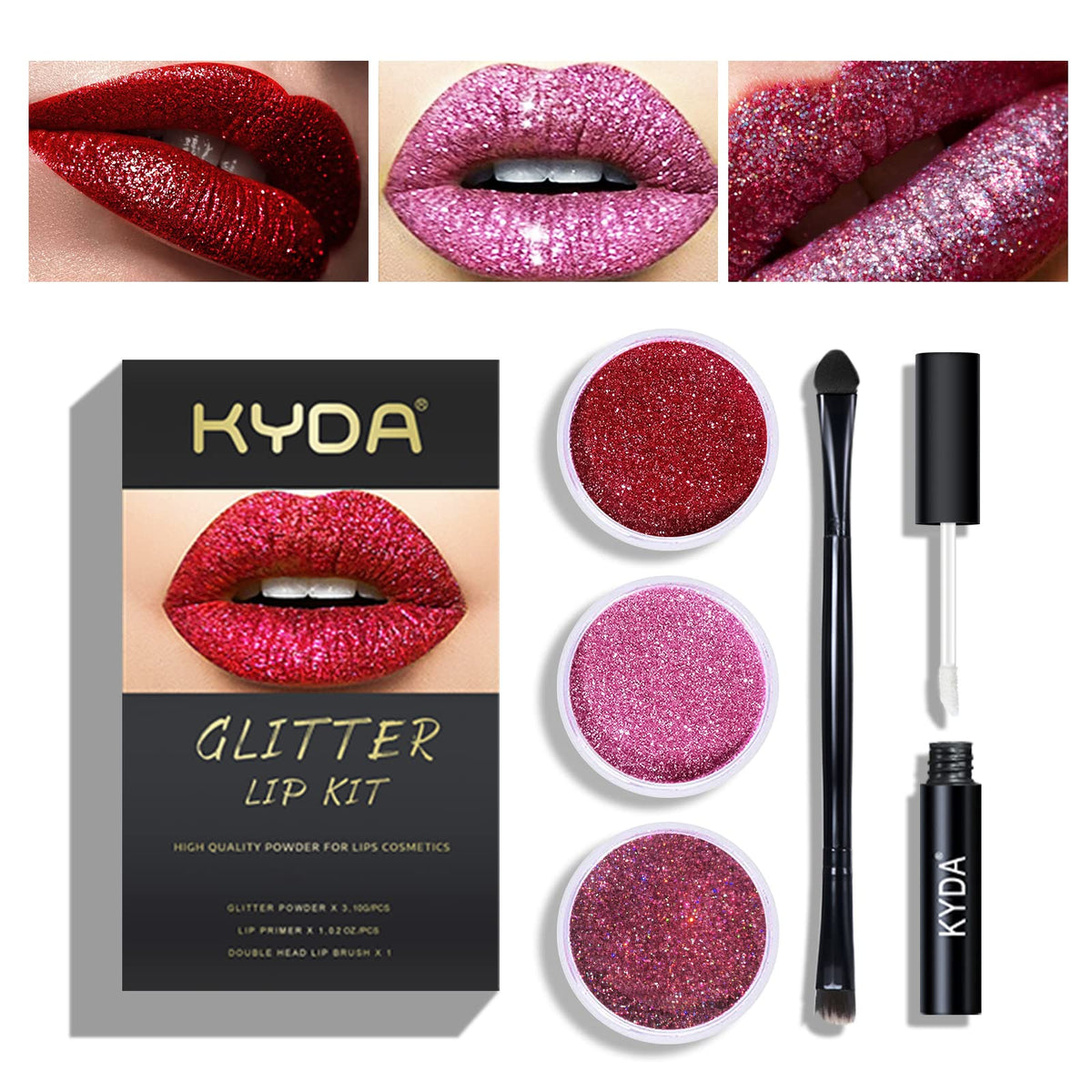 KYDA Glitter Lip Kit - Diamond Metallic High Pigment Powder, Long Wear, Includes Primer & Brush, Set A