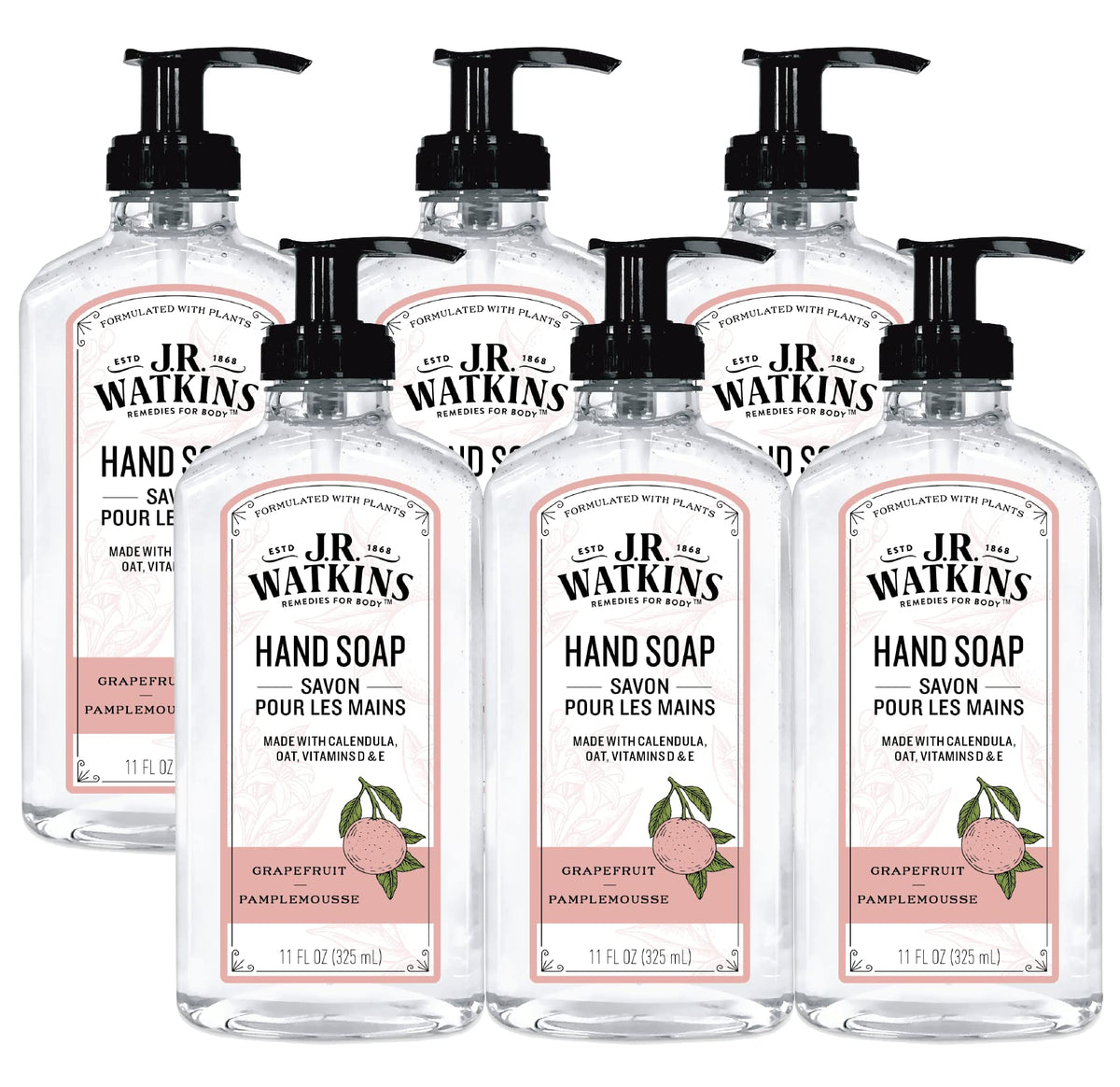 J.R. Watkins Grapefruit Gel Hand Soap, 11 Fl Oz (6 Pack) - Usa Made & Cruelty Free