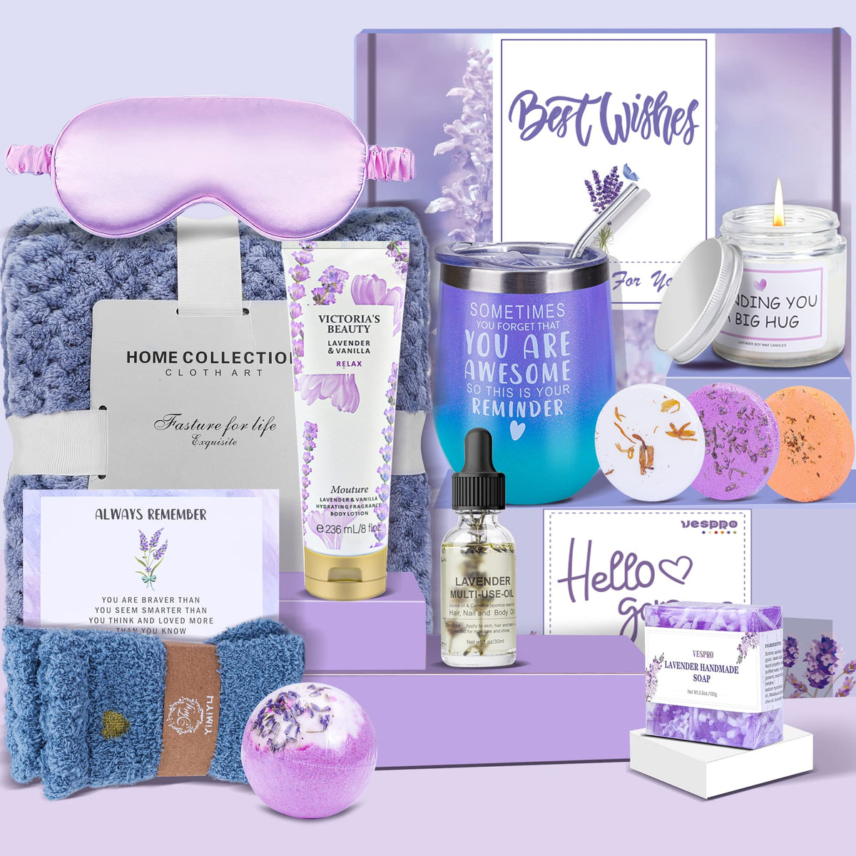 Vespro Spa Gift Basket For Women - Relaxing Bath & Body Works Set, 6 Count, Purple