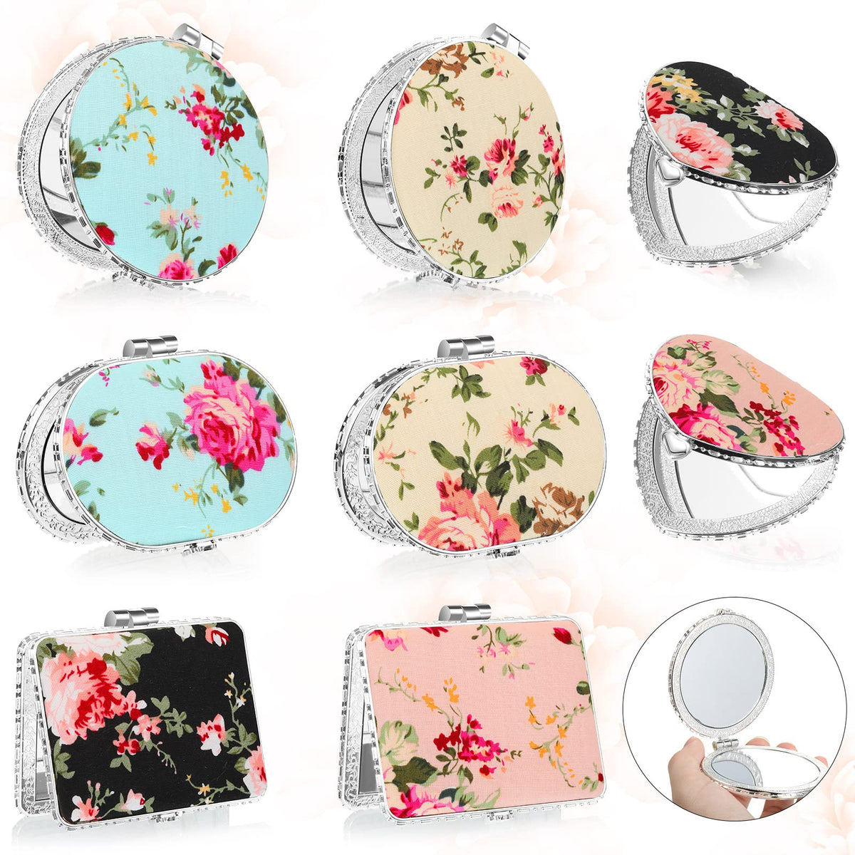 Blulu Compact Mirror Set - 8 Floral Pocket Mirrors For Women & Girls, Silver Edge, Travel-Friendly