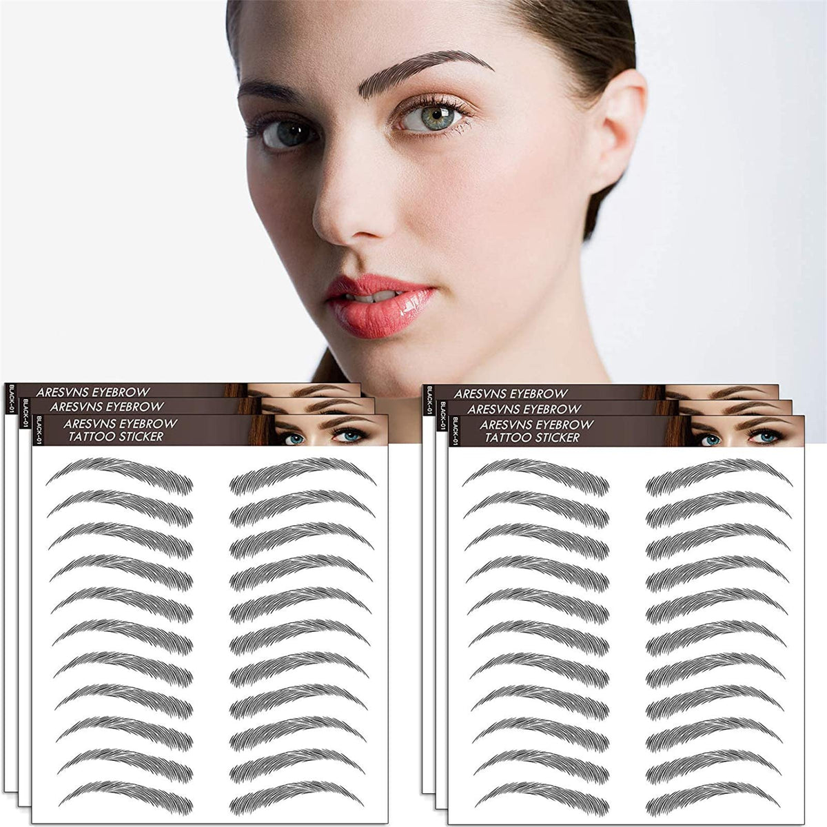 Aresvns Waterproof Eyebrow Tattoos - 66 Pairs Realistic Black Transfers, Long-Lasting Gift