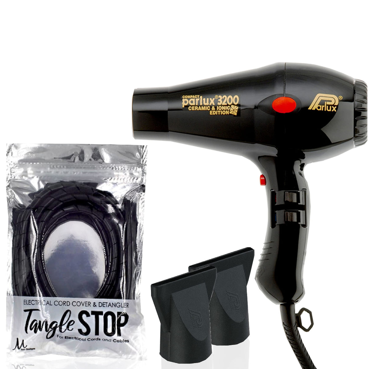 Parlux 3200 Ceramic Ionic Hair Dryer & M Hair Designs Tangle Stop Cord Cover Bundle