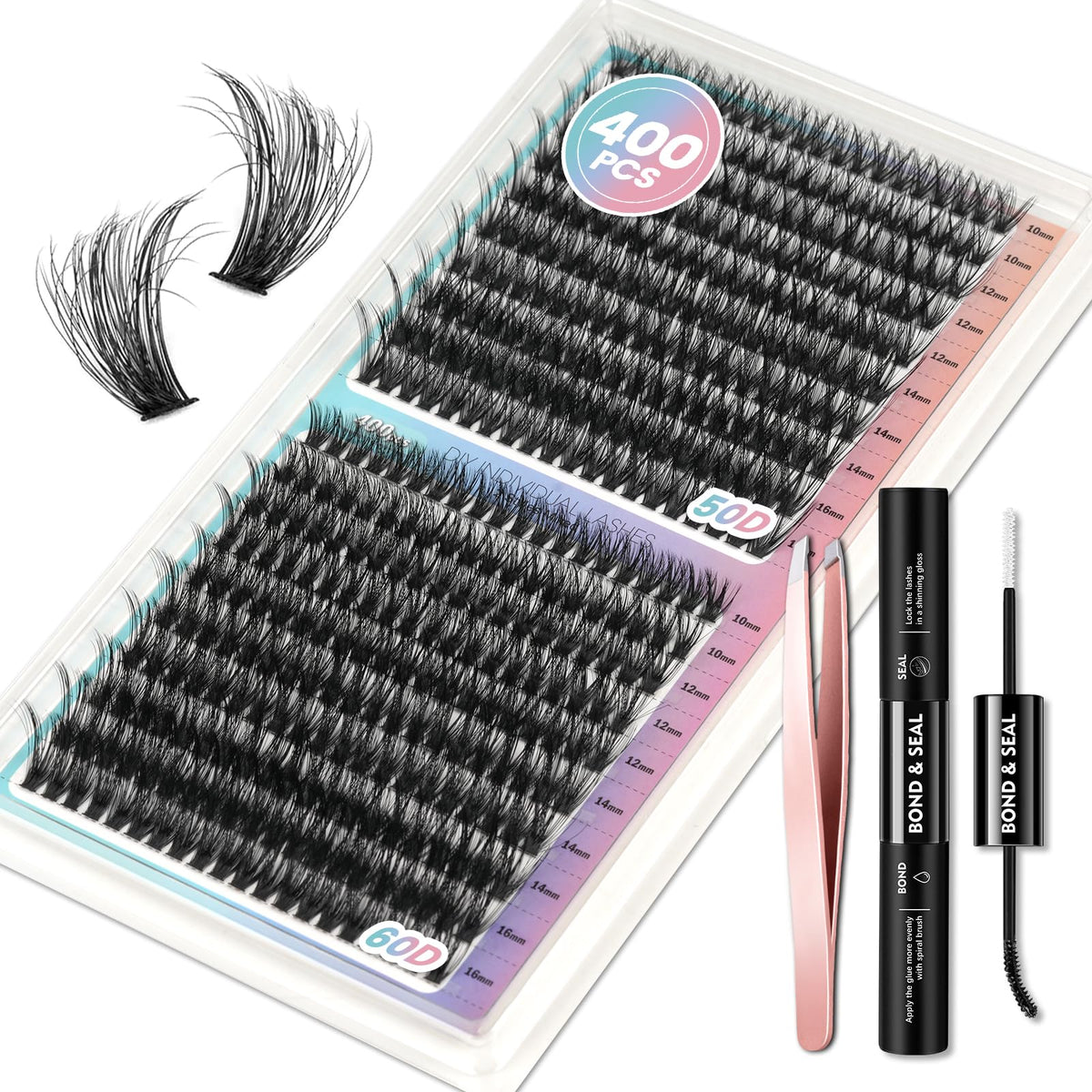 FinyDreamy 50D+60D Lash Extension Kit, 400PCS Soft Mink Cluster Lashes with Bond & Tweezers