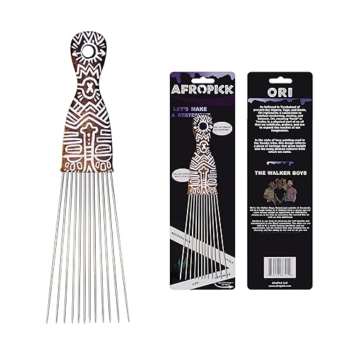 Afropick 2.0 Metal Black Hair Pick Comb For Natural Curly Hair - Stainless Steel, African Designs