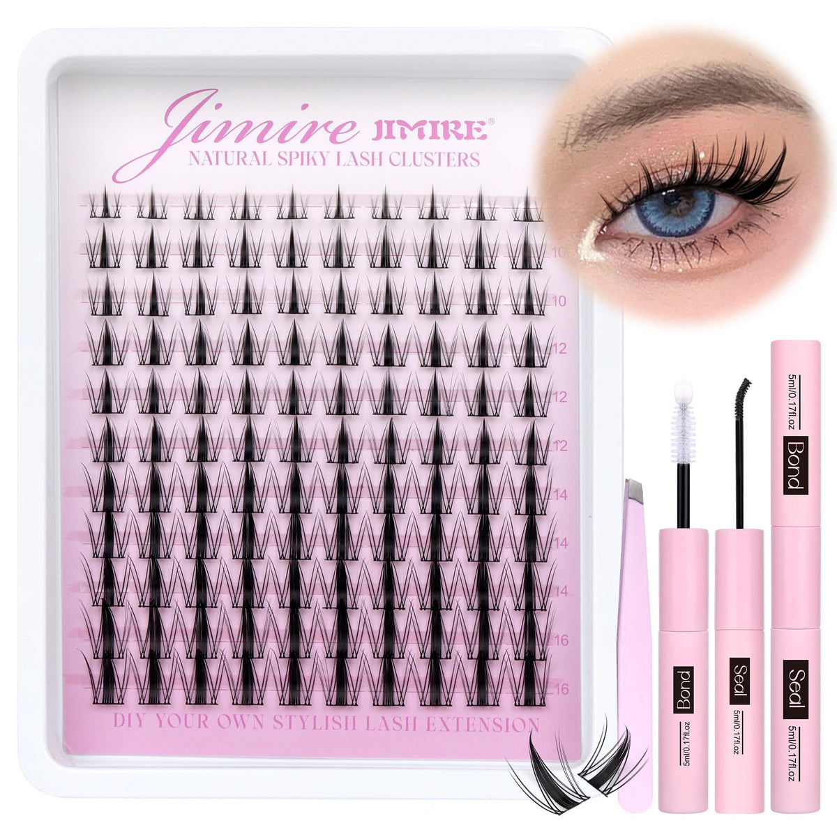 Jimire Lash Clusters Kit - 110Pcs Natural Look Wispy D Curl Individual Lashes With Bond & Seal