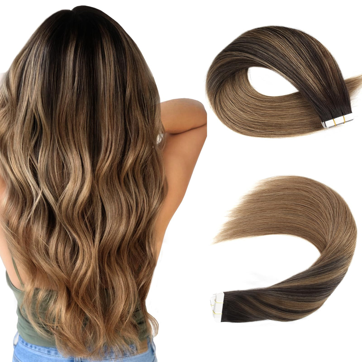 Sassina 20&quot; Seamless Tape In Human Hair Extensions Balayage Dark To Chestnut Brown