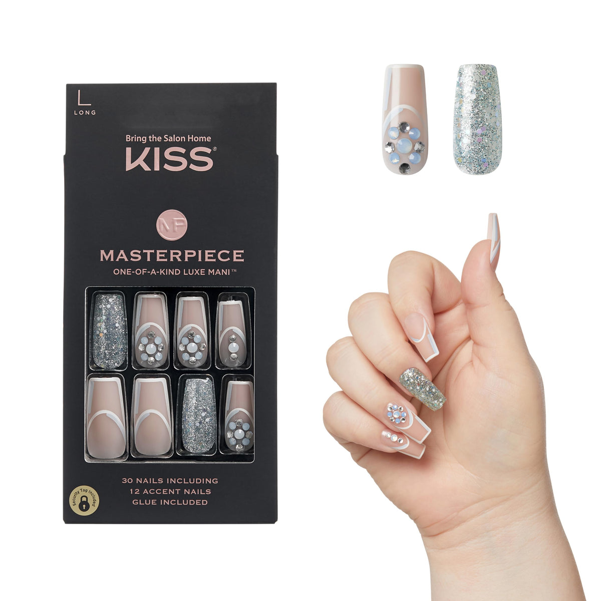 Kiss Luxe Manicure - Long Square Nails, Members Only, Waterproof, 30 Count, Lasts Up To 7 Days