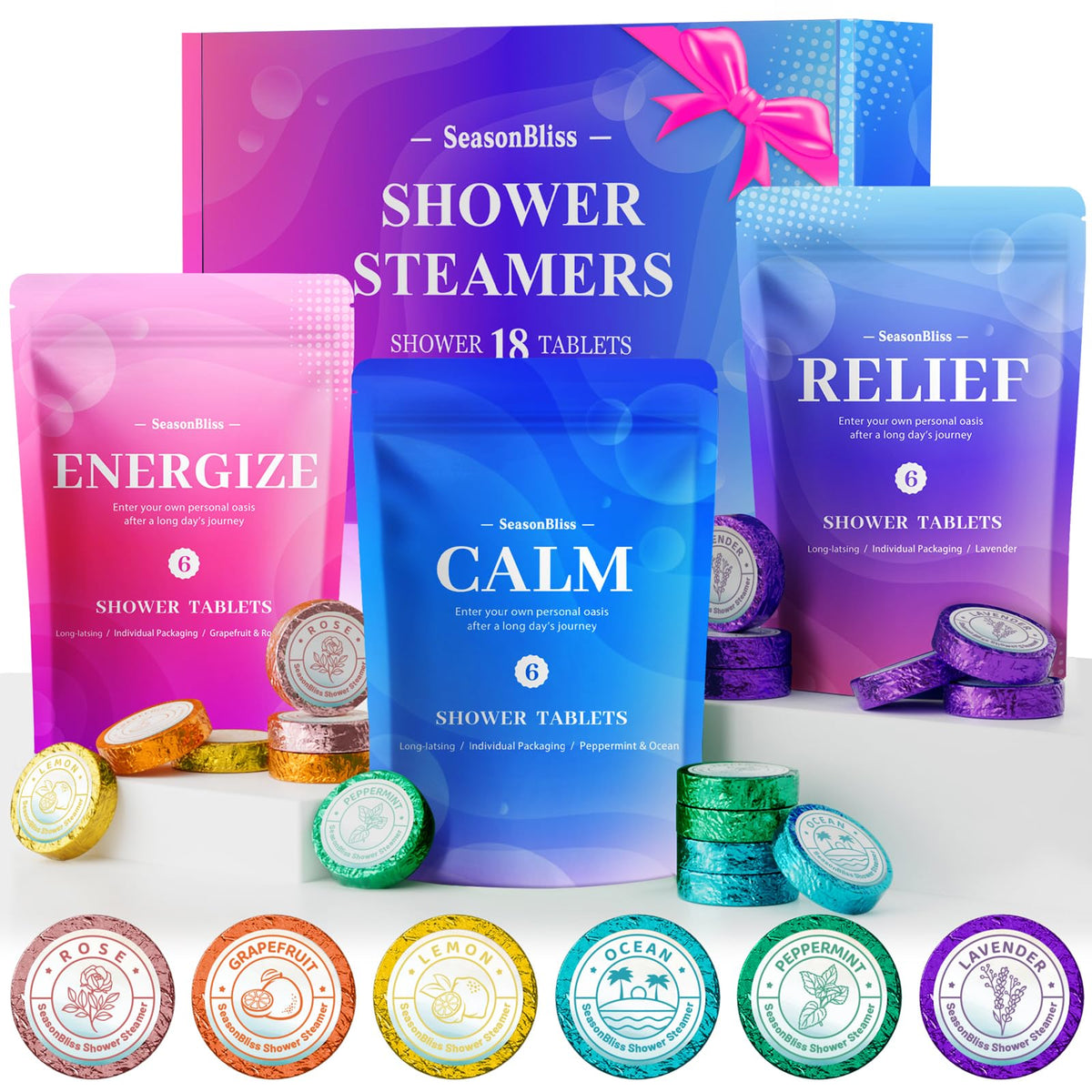 Seasonbliss Shower Steamers 18 Pack - 6 Scents, Natural Ingredients For Relaxation & Self-Care