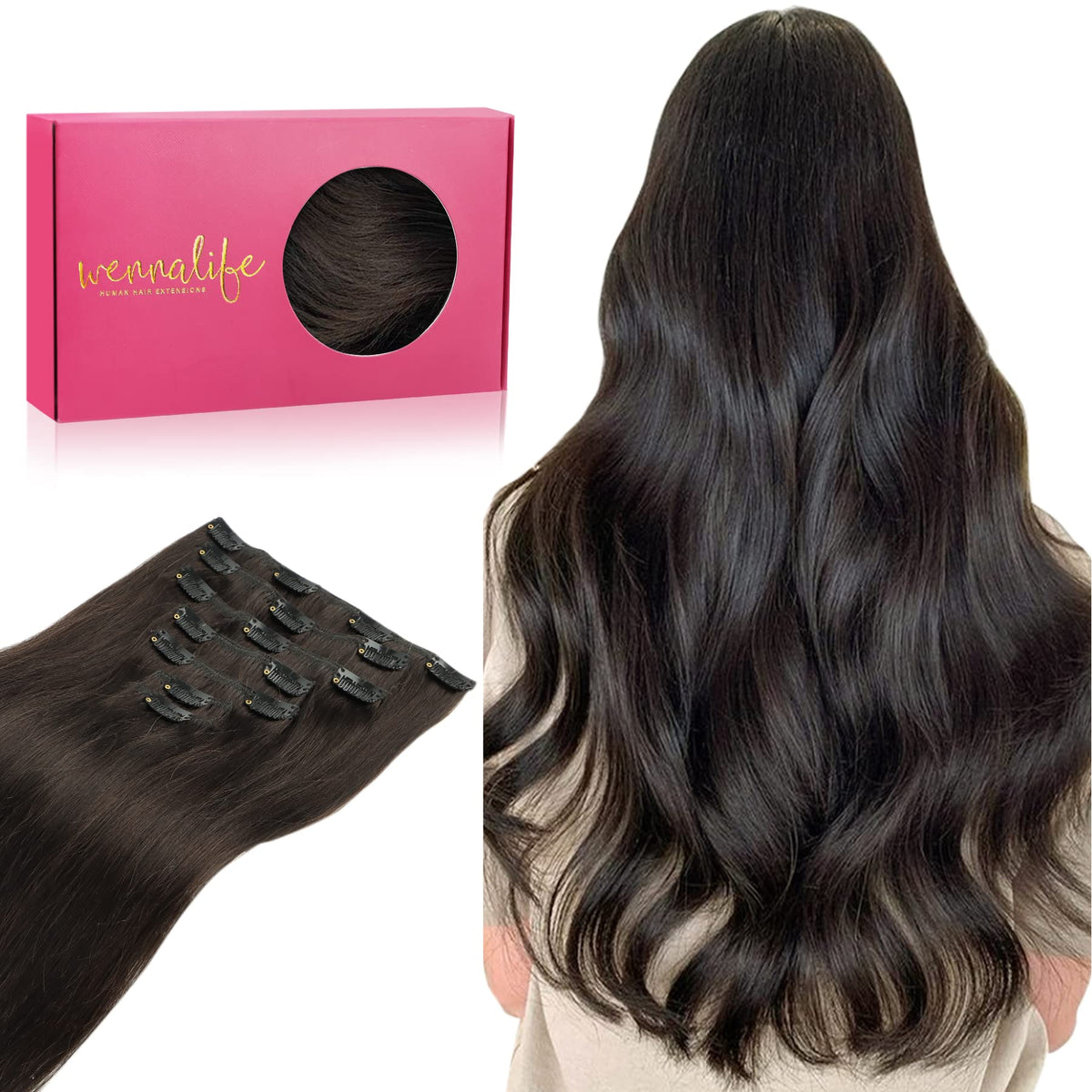 WENNALIFE Clip in Human Hair Extensions, 14 Inch 120g 7pcs Dark Brown Hair Extensions Clip In Human Hair Short Straight Remy Cli