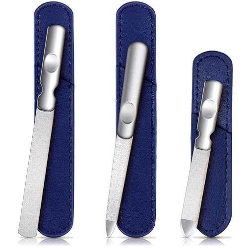 Mudder 3 Pcs Stainless Steel Nail Files Kit, Double Sided With Leather Case, Navy