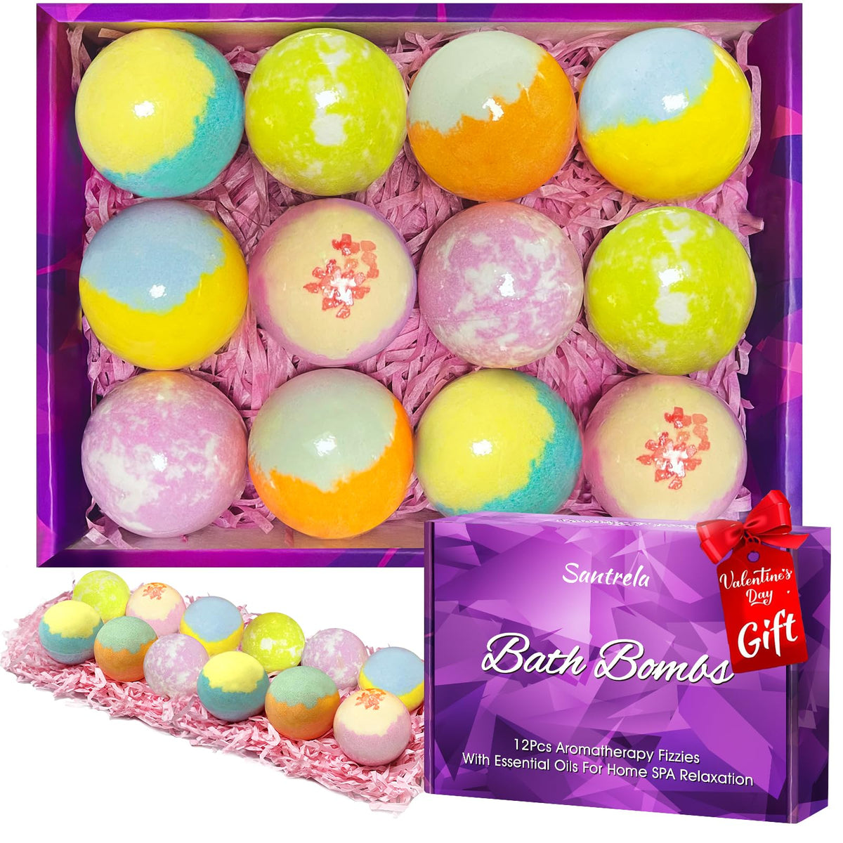 Santrela Bath Bombs Gift Set - 12 Relaxing Fizzies With Essential Oils & Shea Butter, Perfect For Women