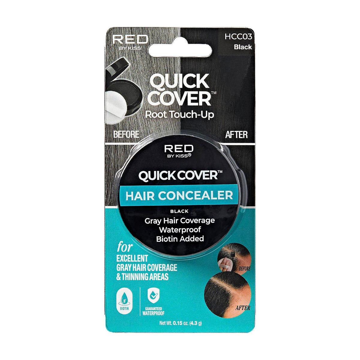 Red By Kiss Quick Cover Hair Concealer, Waterproof Gray Coverage, Biotin Infused, Black, 0.15 Oz