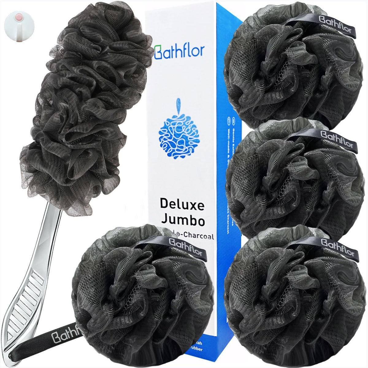 Bathflor Charcoal Loofah Sponge Set - 1 Long Handle Brush & 4 Extra Large Poufs - Gray