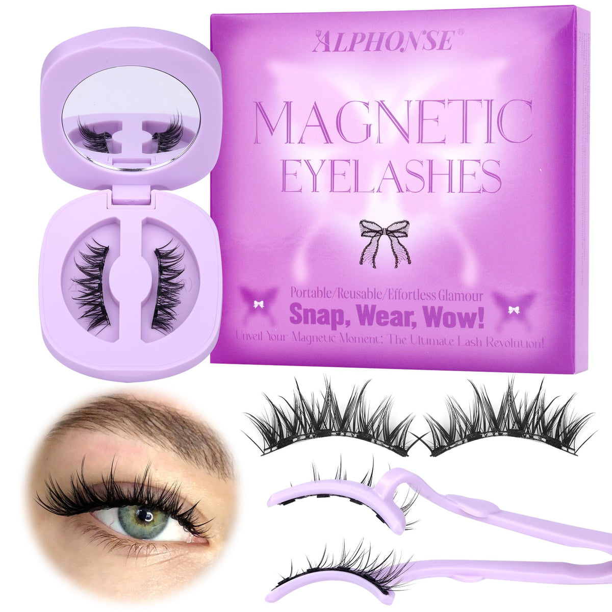 Alphonse Reusable Magnetic Eyelashes With Applicator, Faux Mink, Natural Look, Black