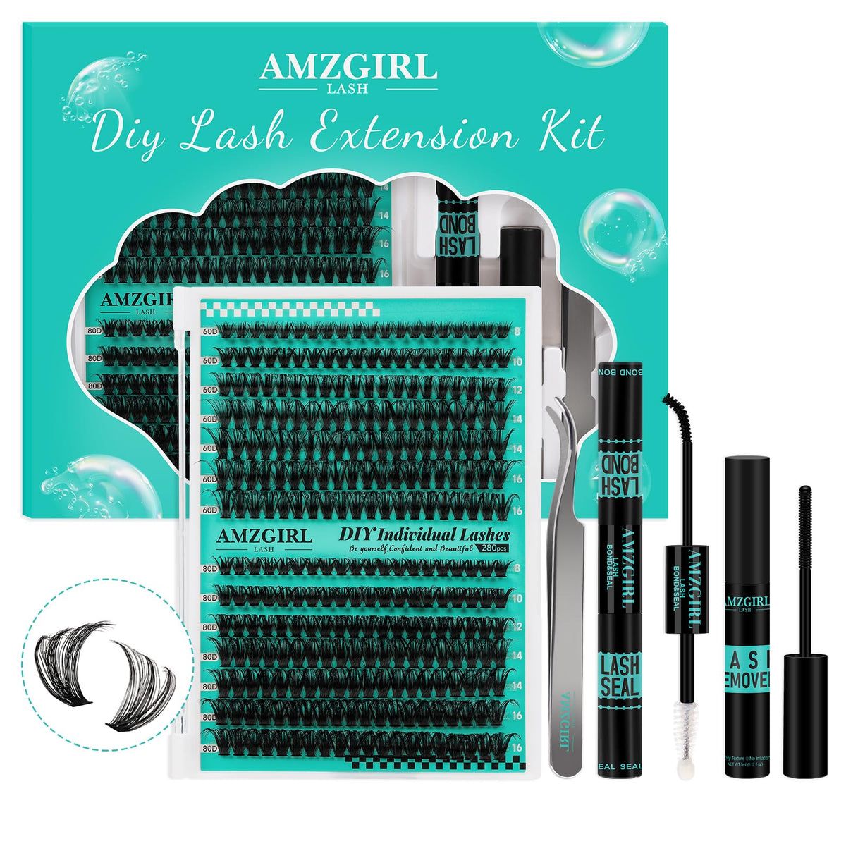 Amzgirl Lash 280Pcs Lash Clusters Kit, 60D 80D Eyelash Extensions, Waterproof Bond