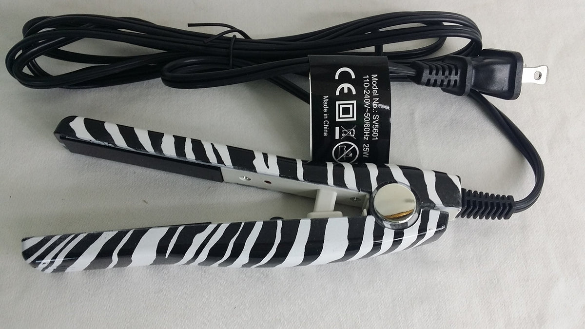 PrimeTrendz Mini Hair Straightener, Zebra Design, Travel-Ready, 110V/240V, Ceramic, Black/White