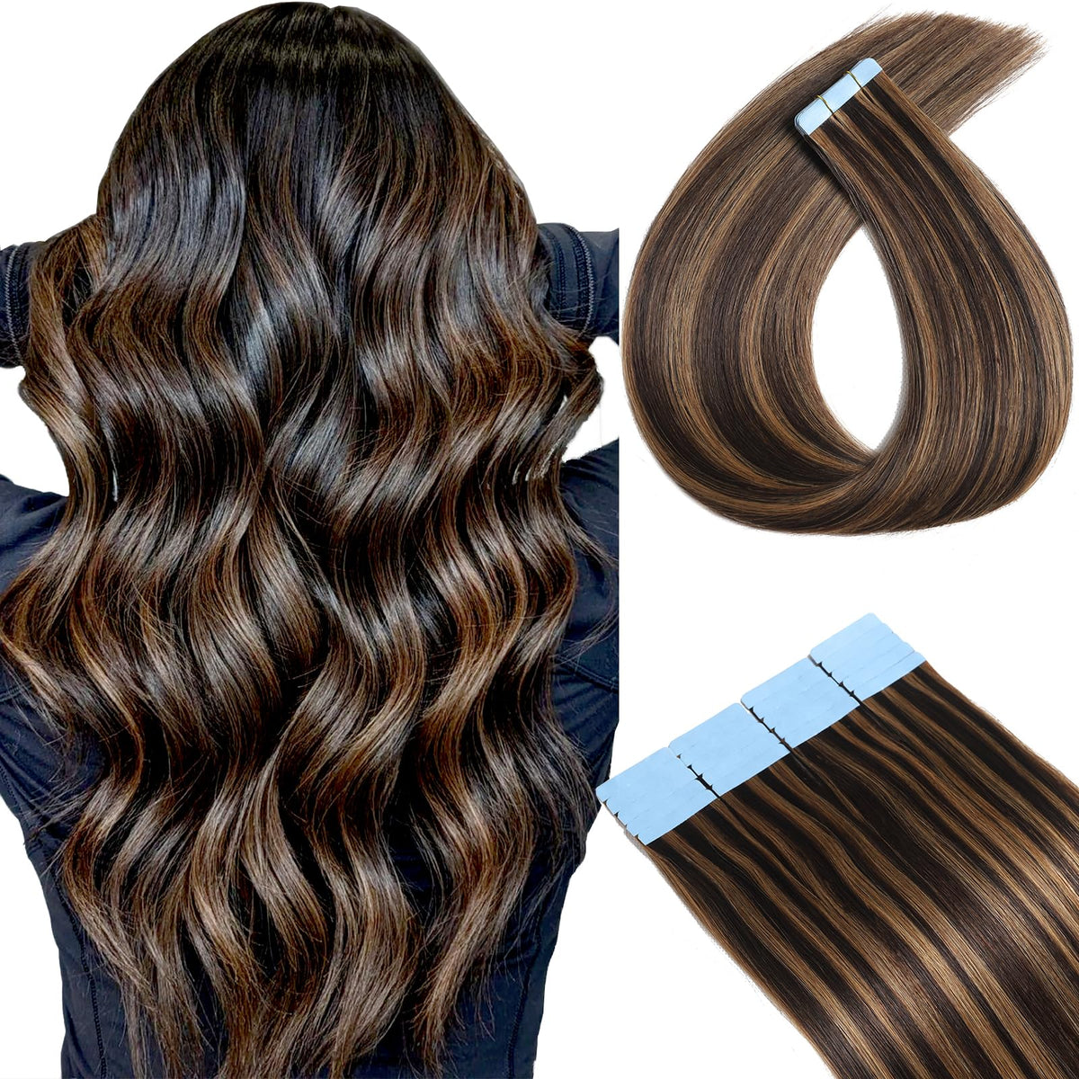 Icyfim 20-Inch Tape In Hair Extensions, Dark Brown To Chestnut Brown, 100% Remy Human Hair, 