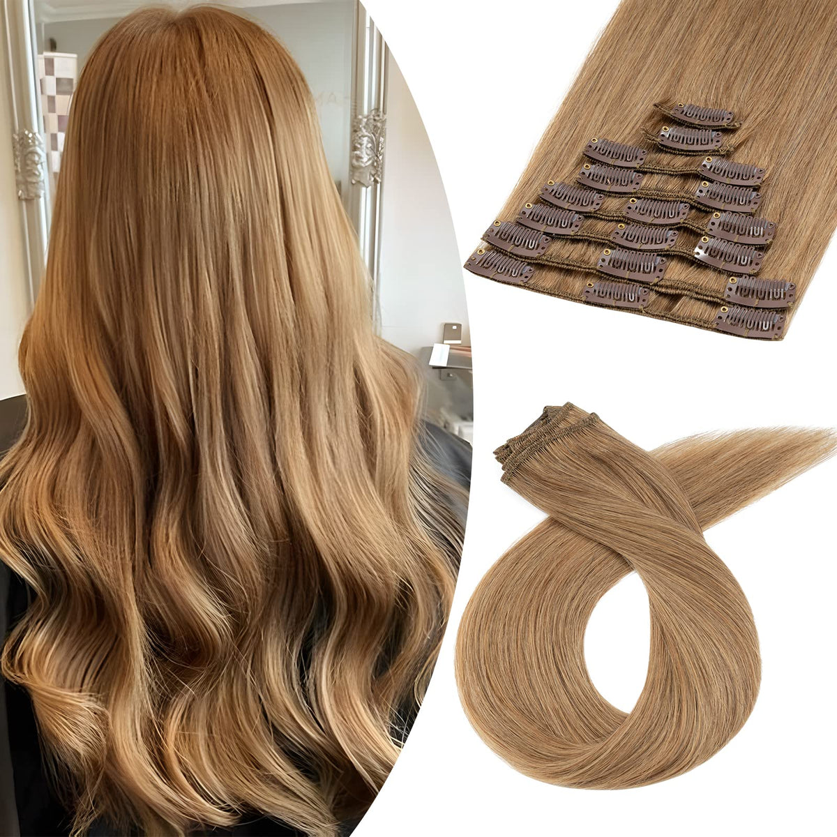 Benehair 12&quot; Clip in Hair Extensions - Real Human Hair, Straight, Strawberry Blonde, 8pcs