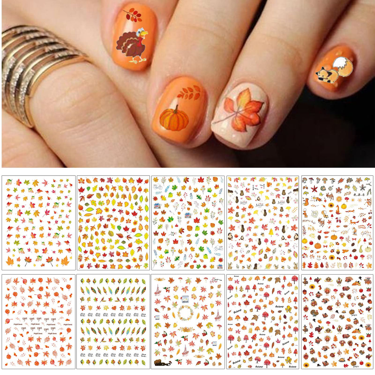 Tailaimei 3D Thanksgiving Nail Decals - 1154 Pcs Autumn Nail Art Stickers, Fall Designs