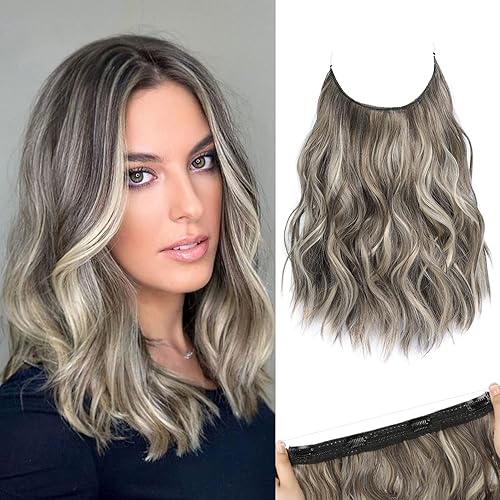 REECHO 12&quot; Invisible Wire Hair Extensions - Ash Brown/Platinum Blonde, Adjustable Lace Weft