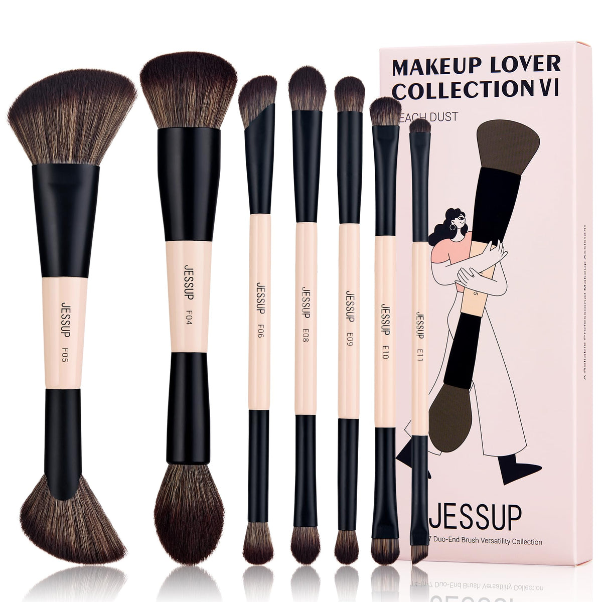 Jessup 7Pcs Double Sided Makeup Brushes Set - Foundation, Blush, Eyeshadow, Cruelty-Free, Peach Dust