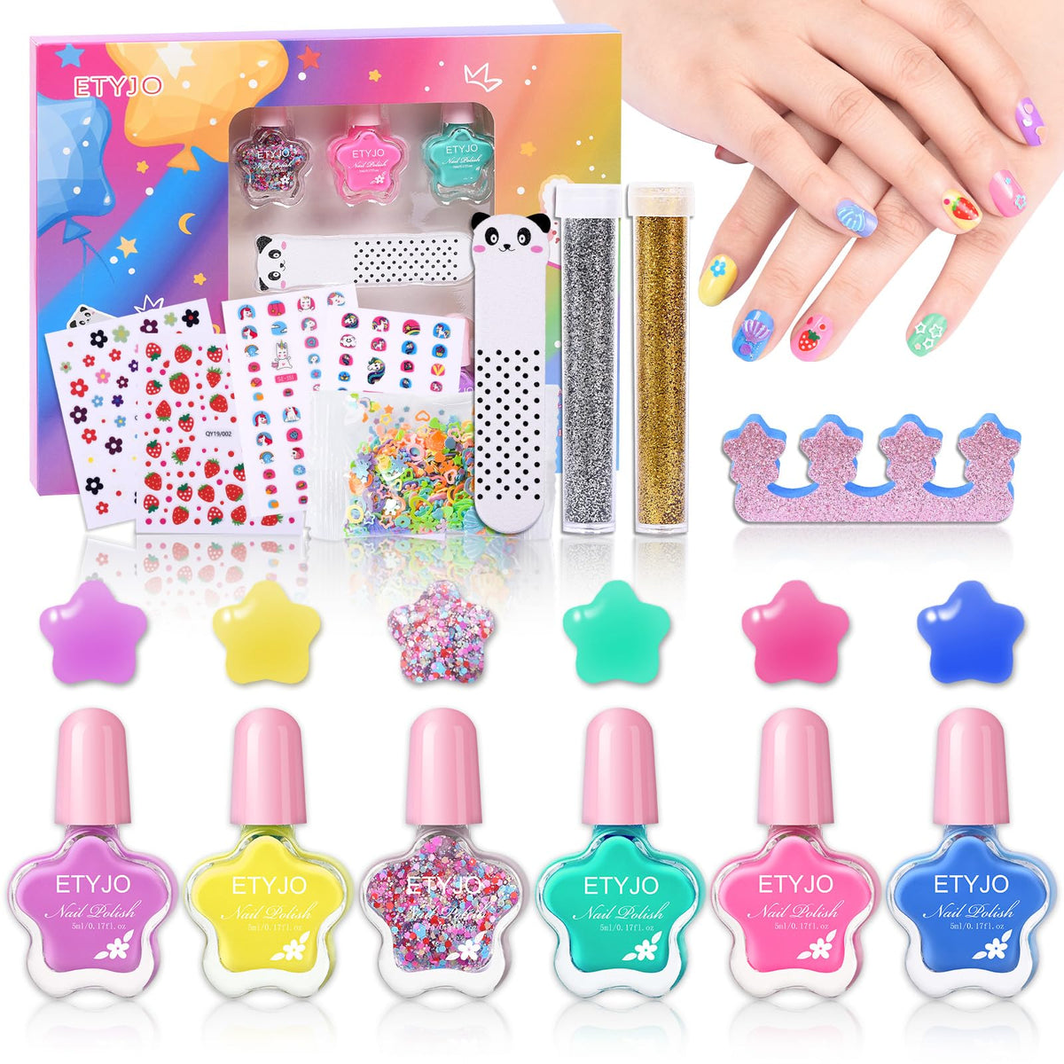 Etyjo Kids Nail Polish Set - Non-Toxic, Water-Based, Quick Dry, 6 Colors, Peel Off, 3+ Years