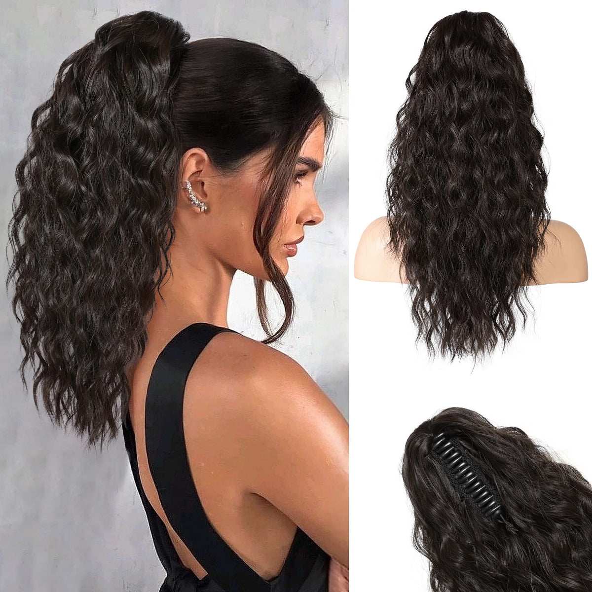 REECHO 18&quot; Claw Clip Ponytail Extension - Curly Wavy Synthetic Hairpiece, Black Brown