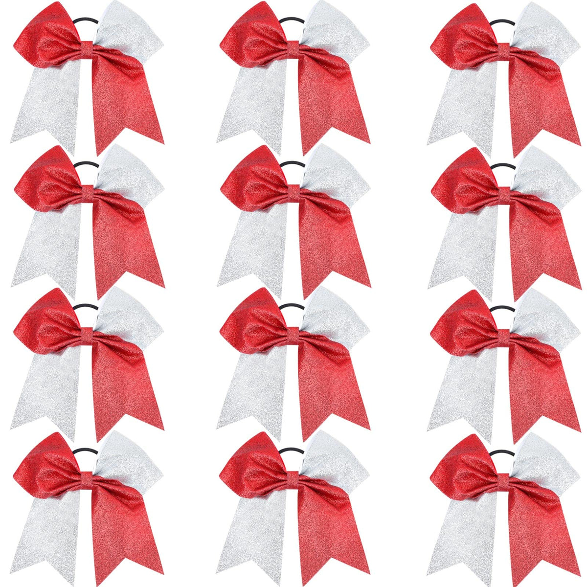 OAOLEER 12 Pack Sequin Glitter Cheer Hair Bows - Red & Silver Sparkly Accessories for Girls