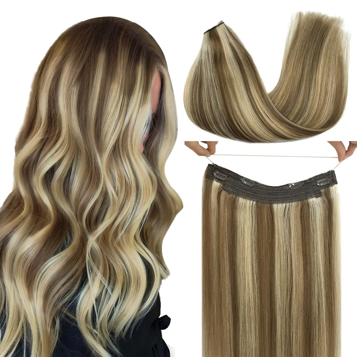 GOO GOO 14 Inch Human Hair Extensions Wire - Medium Brown Highlighted Golden Blonde 75g Remy Hairpiece