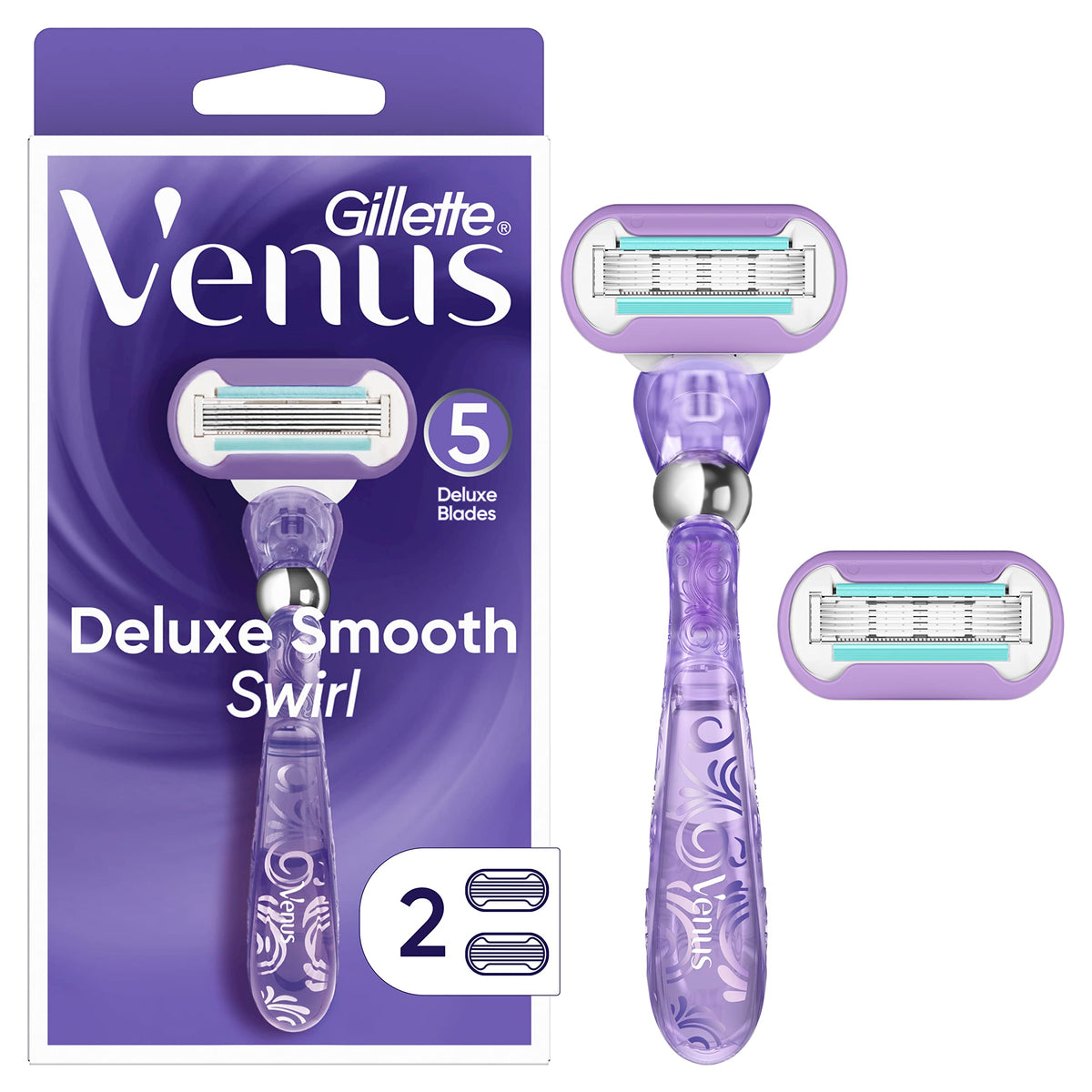 Gillette Venus Deluxe Smooth Swirl Women'S Razor With 2 Blade Refills, Purple, 1 Count