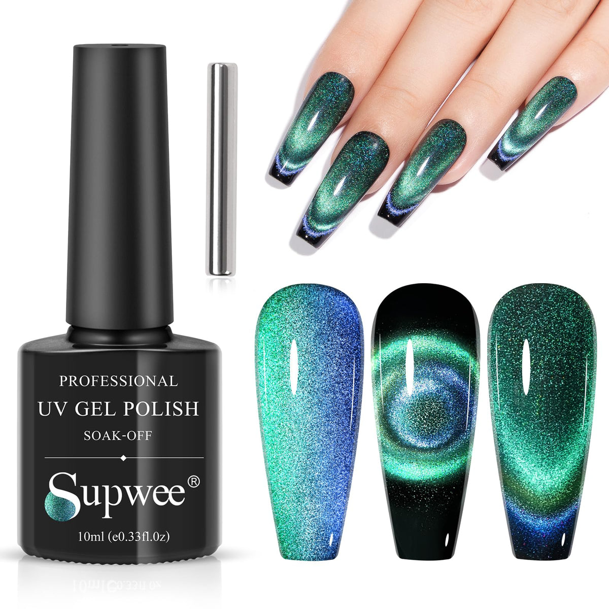 Supwee 9D Cat Eye Gel Nail Polish, Holographic Magnetic Effects, 10Ml Soak Off Uv Gel