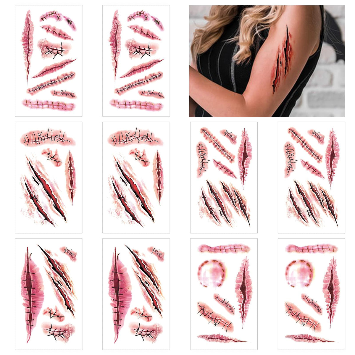 Powerful Halloween Zombie Scar Temporary Tattoos - Bloody Wound Makeup Props, 10 Sheets