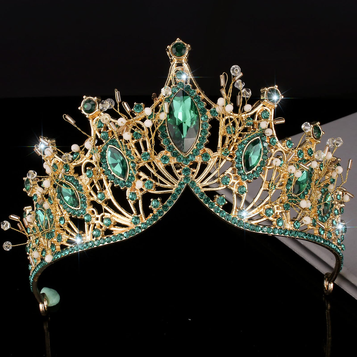 Cocide Green Crystal Tiara For Women - Rhinestone Hair Accessories For Wedding & Parties