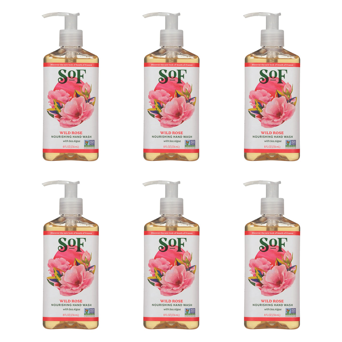 Wild Rose Liquid Hand Wash By South Of France | Moisturizing Soap | 8 Oz Pump Bottle | 6 Pack