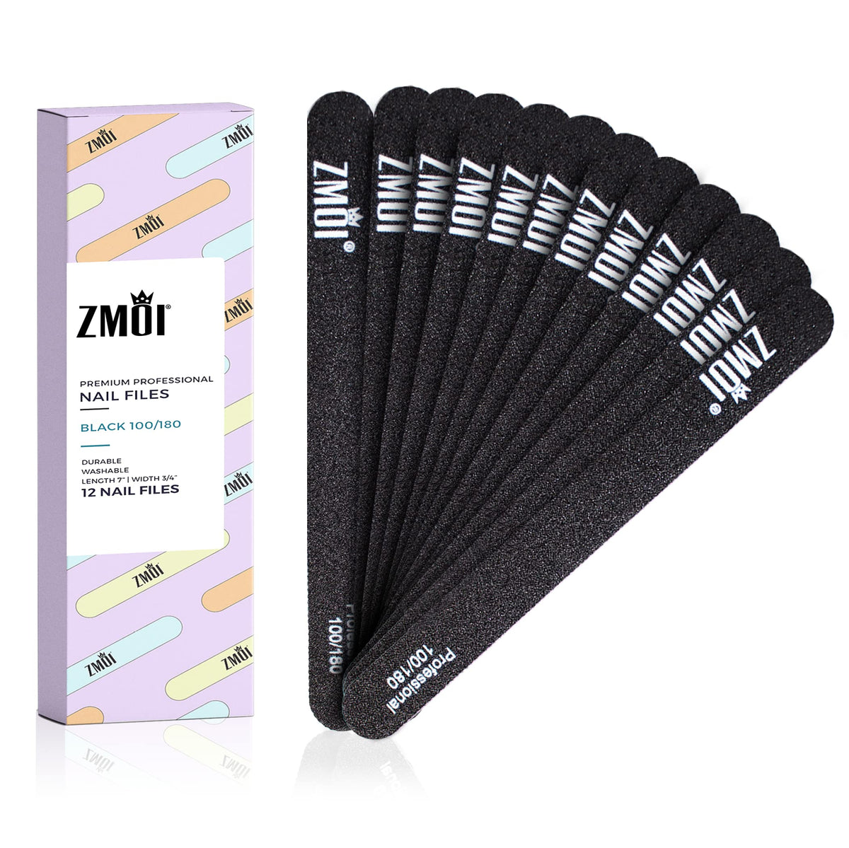 Zmoi 12 Pcs Professional Nail Files 100/180 Grit - Washable, Durable Emory Board For Salon & Home