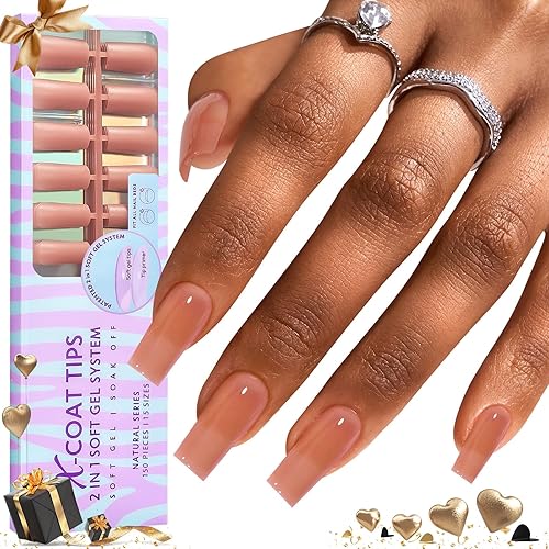 Btartbox Soft Gel Nail Tips - Long Natural Square Press On Nails With Pre-Applied Primer