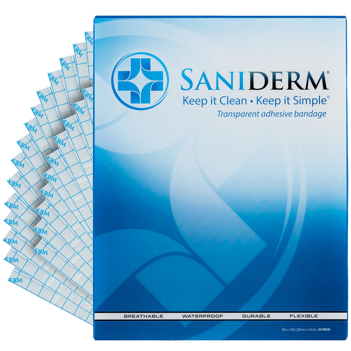 Saniderm Tattoo Aftercare Bandage 25 Pack, Sterile Waterproof 8&quot;X10&quot;, Faster Healing Wrap