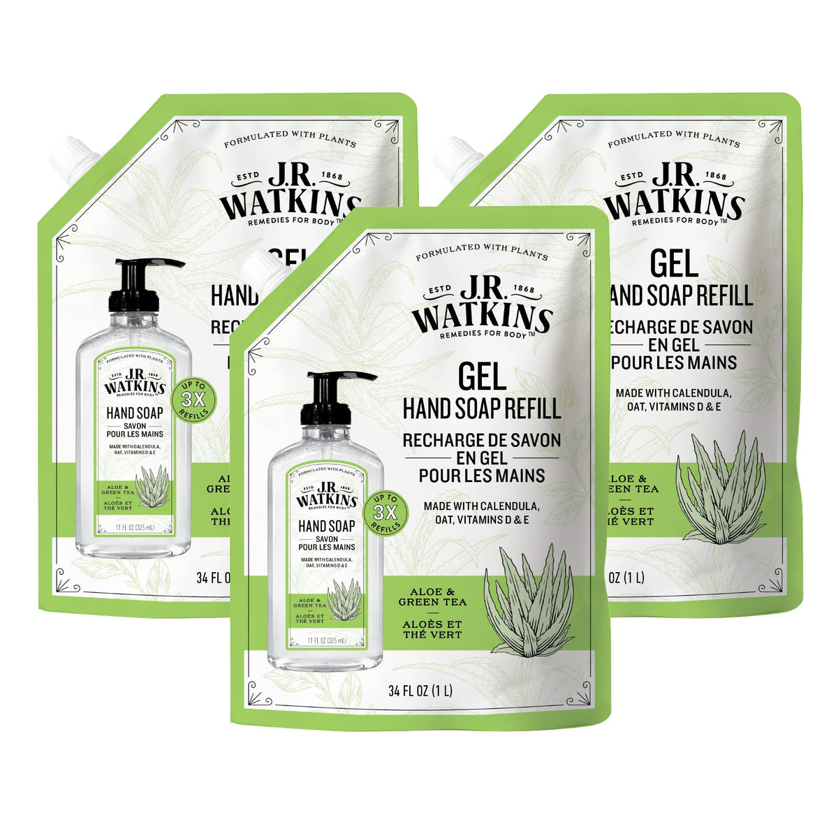 J.R. Watkins Aloe Green Tea Gel Hand Soap Refill, 34 Fl Oz, Moisturizing, 3 Pack