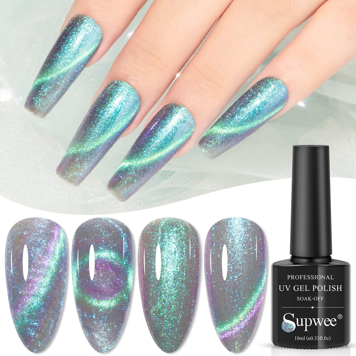 Supwee 9D Cat Eye Gel Nail Polish - Pearl Shell Magnetic Varnish, Blue Shimmer, 0.33 Fl