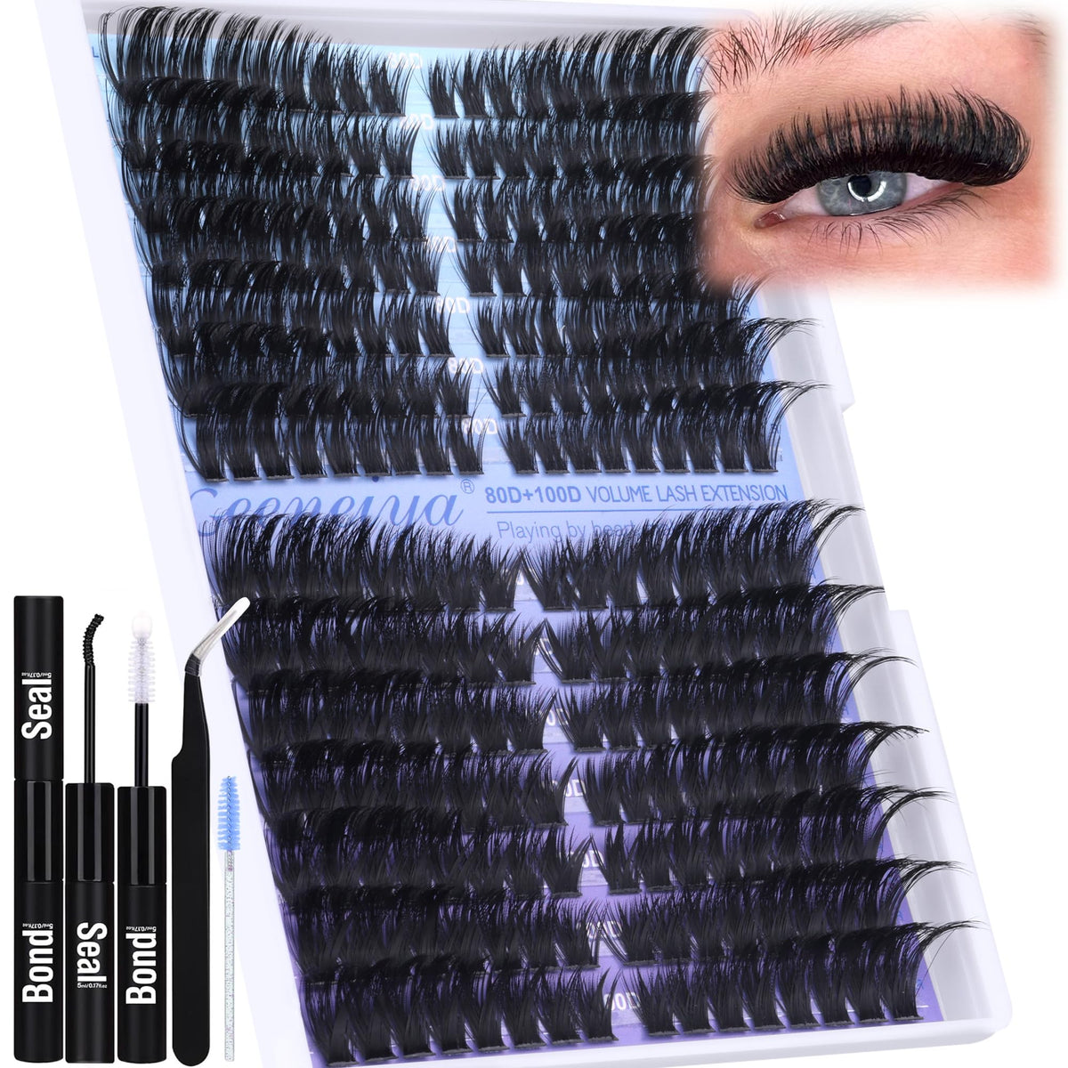 Geeneiya Cat Eye Lashes Cluster Kit 9-16Mm, Waterproof Lash Bond, Tweezers, Synthetic Fibers