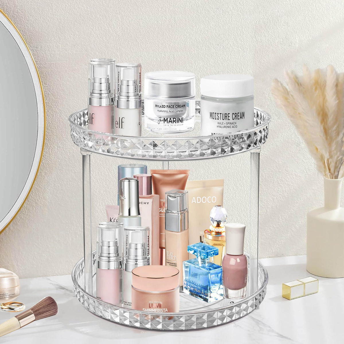 Adoco 2 Tier Clear Lazy Susan Bathroom Organizer - 360 Rotating Makeup & Skincare Storage - 9.25&quot;