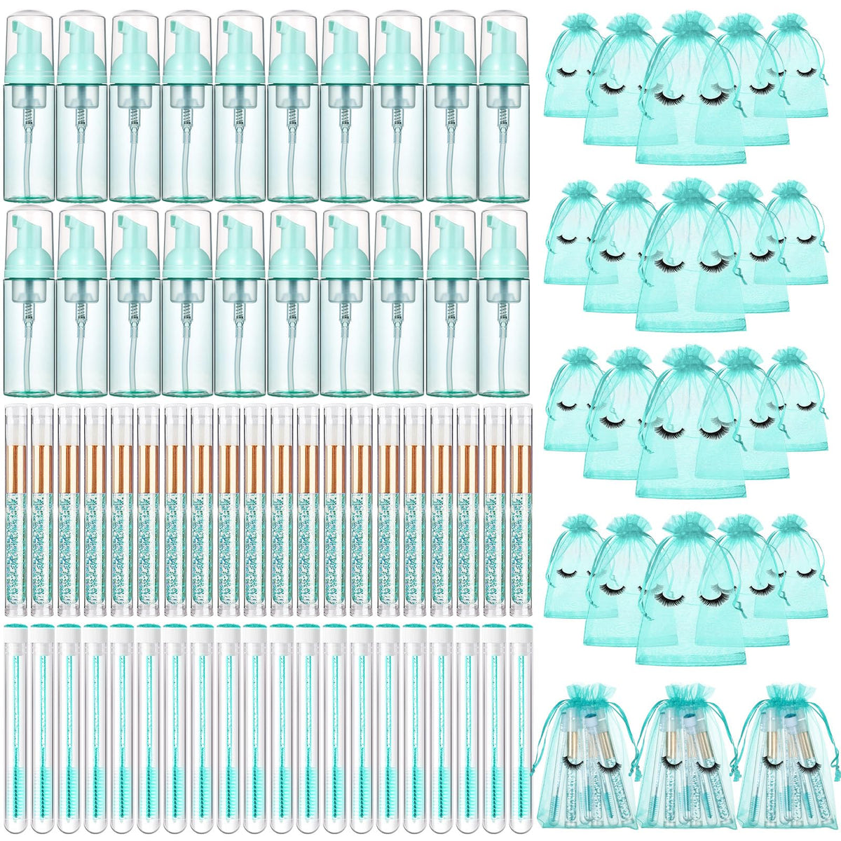 Zhehao 80 Pcs Lash Shampoo Kit - 20 Foam Pump Dispensers, Bags & Brushes In Green, Blue