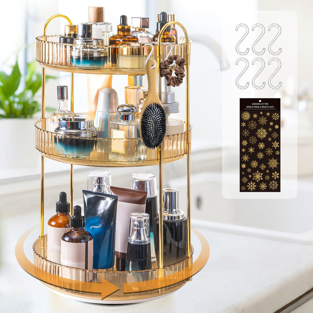 Megapuxin 360° Rotating Makeup Organizer - Light Gold 3 Tier Cosmetic Storage & Perfume Holder