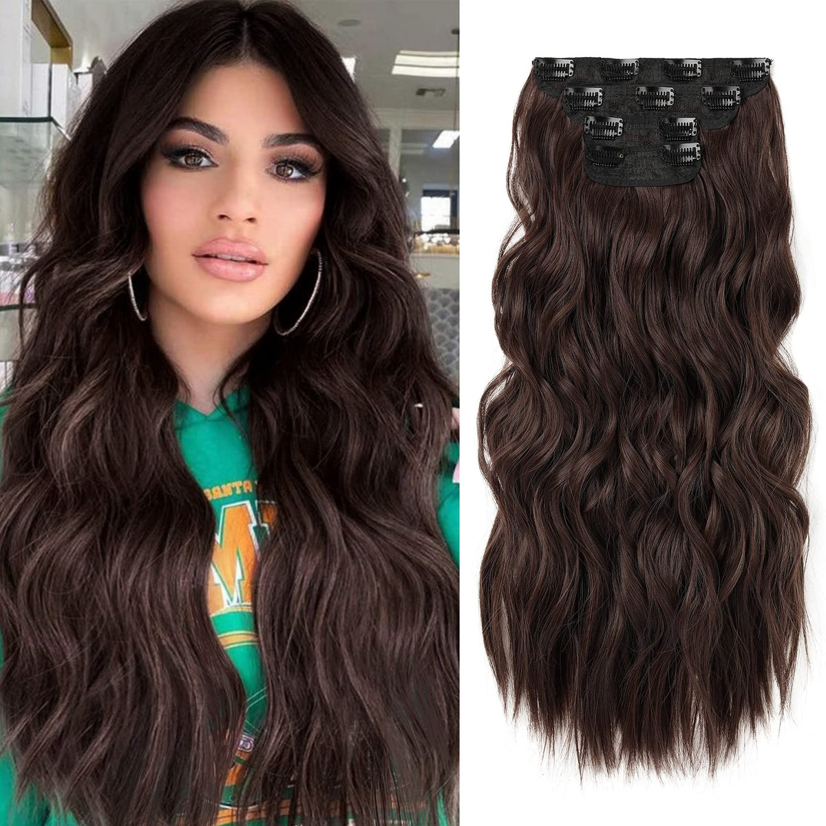 Reecho 20&quot; Dark Brown Clip-In Hair Extensions, 4Pcs Synthetic Hairpieces For Women, 200G