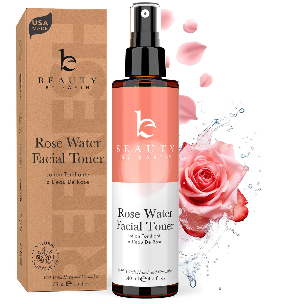 Beauty By Earth Rose Water Toner - Hydrating, Alcohol-Free Facial Spray With Witch Hazel, 4.7 Fl Oz