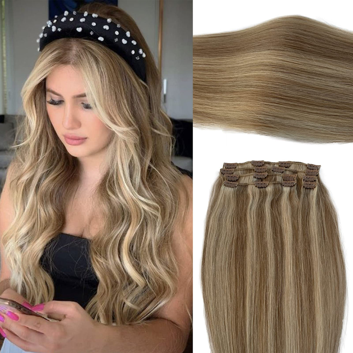 Licoville 22&quot; Blonde Clip-In Human Hair Extensions, Soft Straight, 70g, Remy Hair, 7pcs